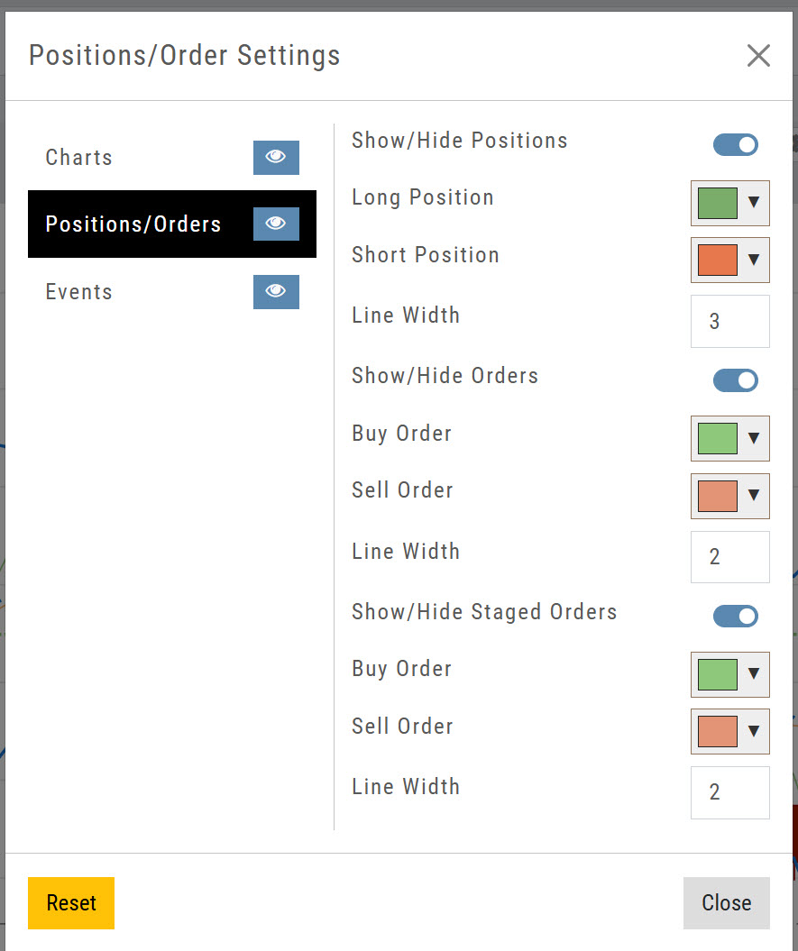 Positions/Order Settings dialog with show/hide toggles, color pickers and line width for Positions, Orders and Staged Orders